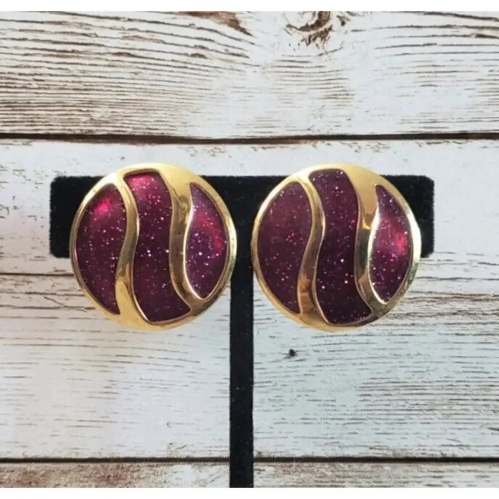 Vintage Clip On Earrings - Dark Red With A Slight Purple Hue Statement